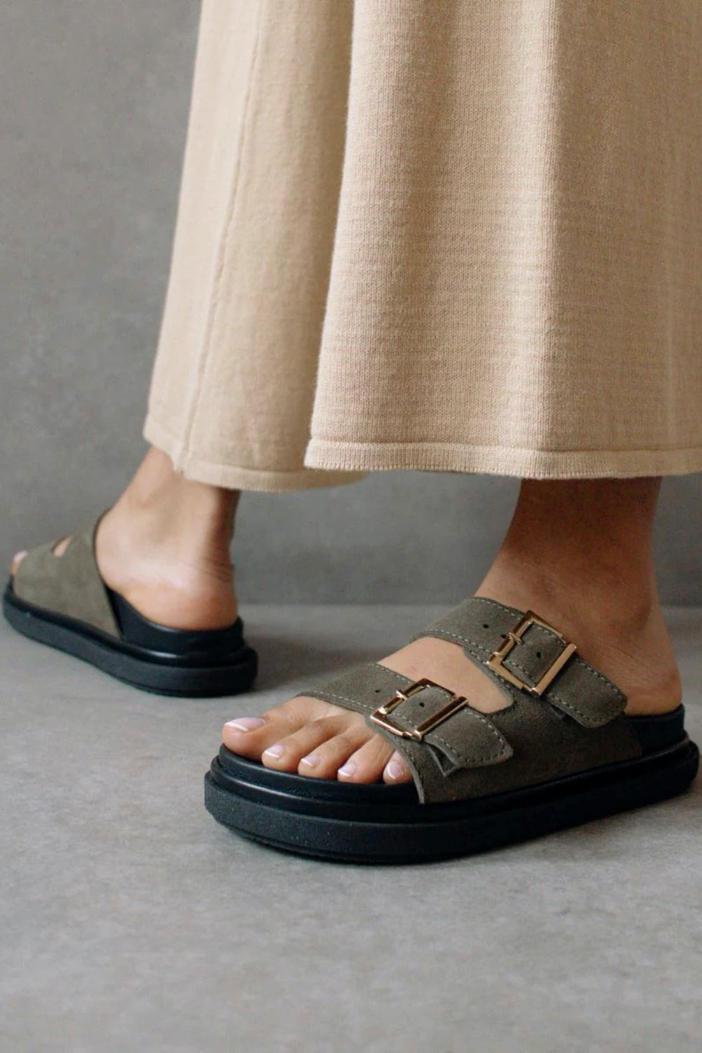 Khaki Suede Buckle Sandal