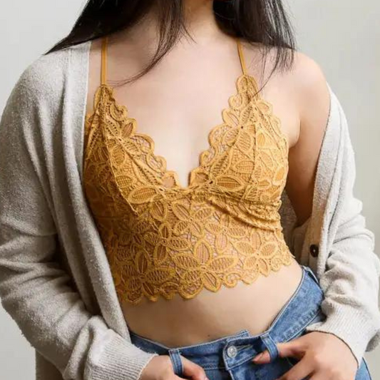 Mustard Yellow Floral Lace Long Bralette with Racerback and Adjustable –  Karmic JuJu