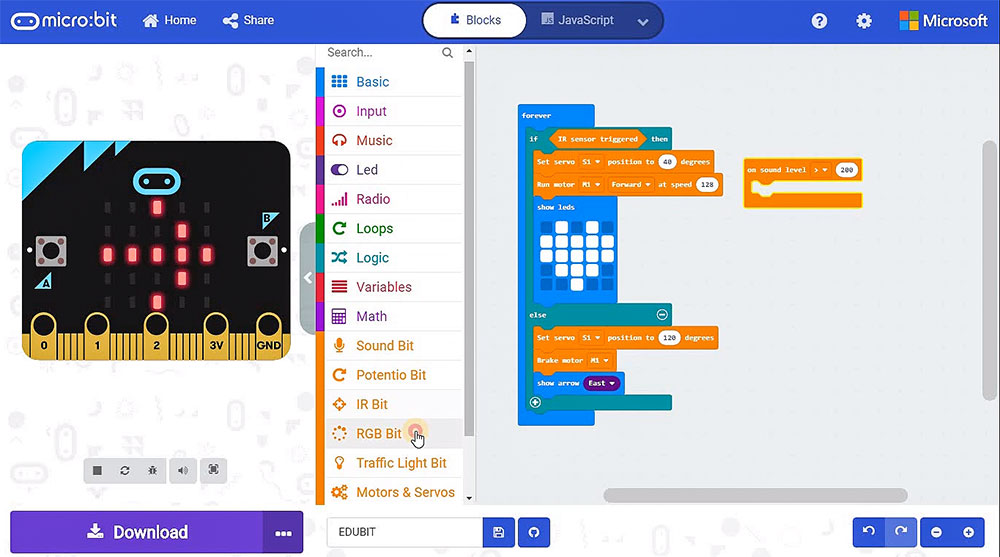 Edu:bit Training & Project Kit for micro:bit (without micro:bit) code example