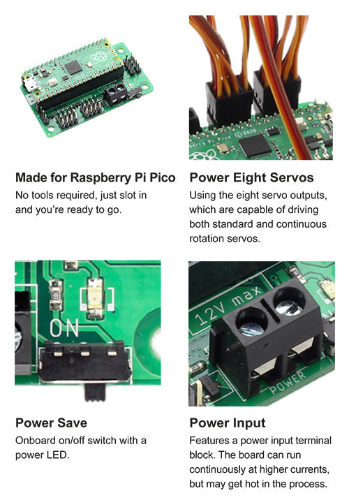 Kitronik Simply Servos Board for Raspberry Pi Pico features left