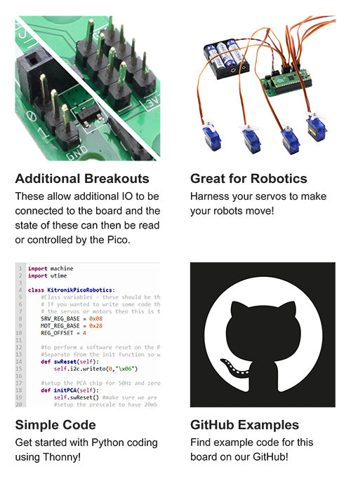 Kitronik Simply Servos Board for Raspberry Pi Pico features right