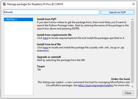 Manage Packages Pico Thonny - Manage Packages Window