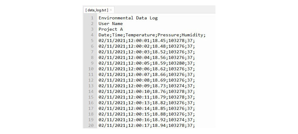 Pico Smart Air Quality Board Data Logging Tutorial - Contents of 'data_log.txt' file with project info section