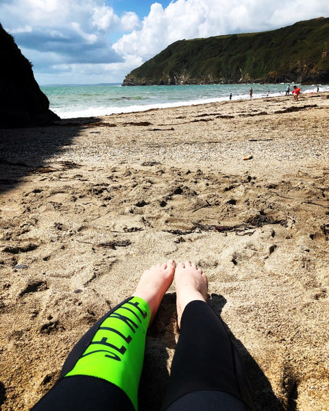 Sarah on the beach with her favourite Selkie women's swimskin pants
