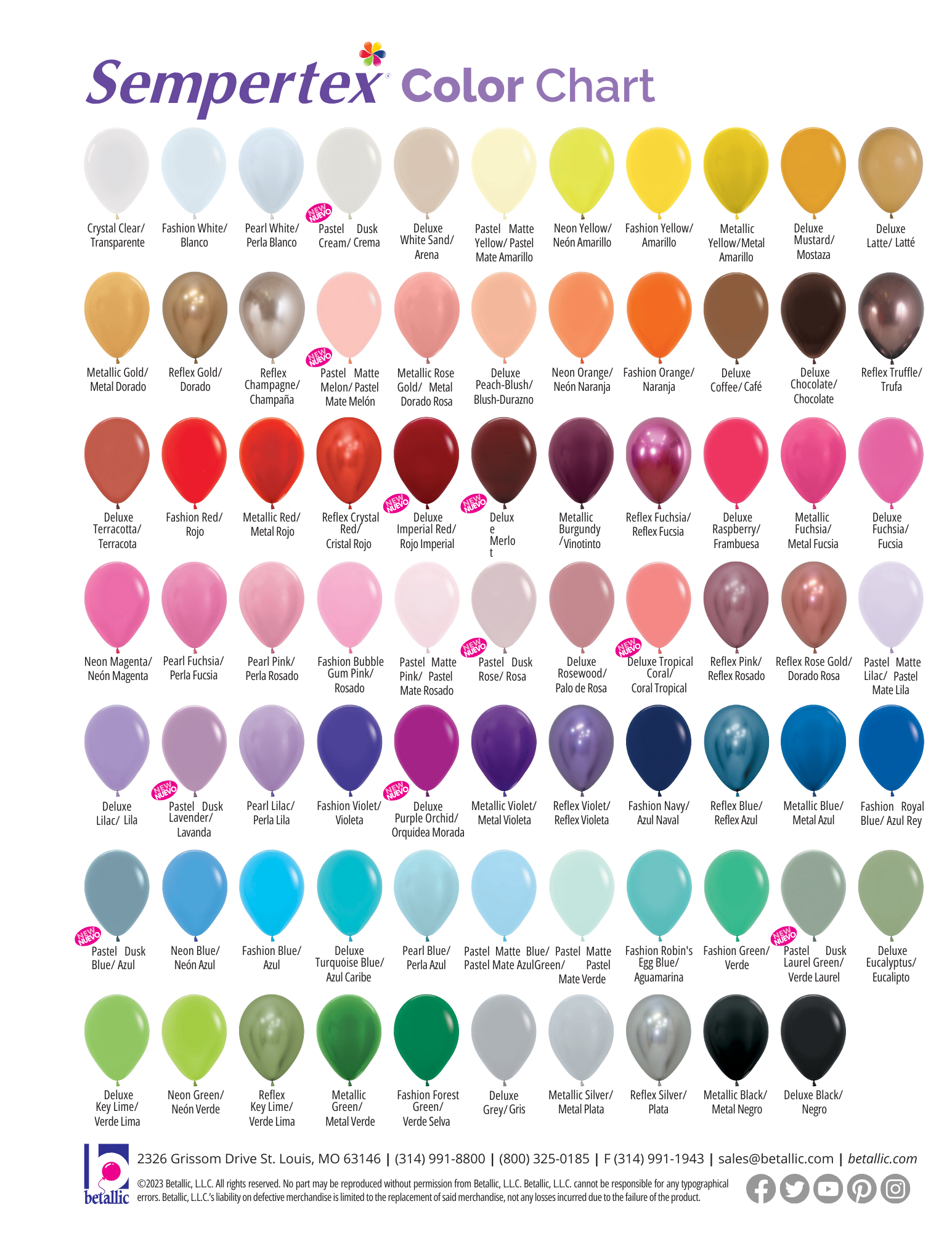 Sempertex Colour Chart, Balloons Sydney