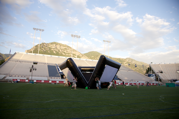 Elite 20' x 11' Outdoor Movie Screens inflating at the Stadium of Fire