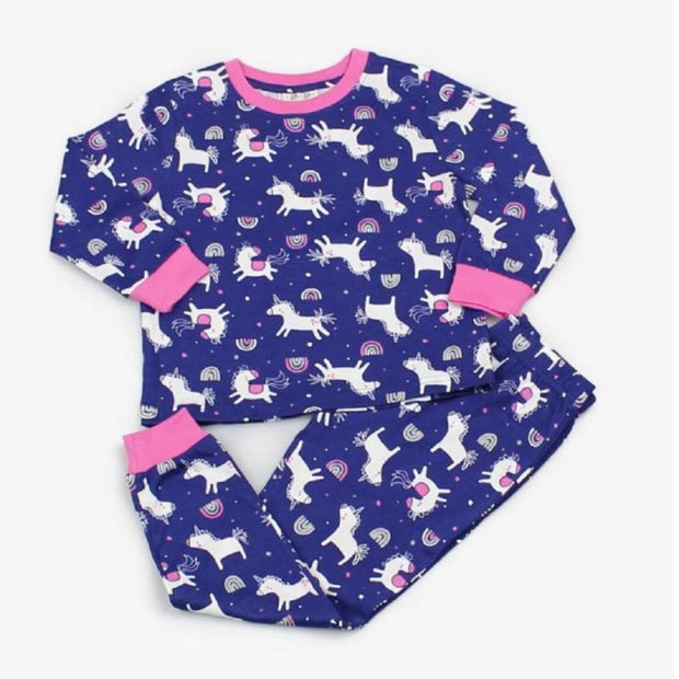Cotton pyjama set with printed "Unicorn" design., with pink neck and cuffs, elasticated waist to trousers.