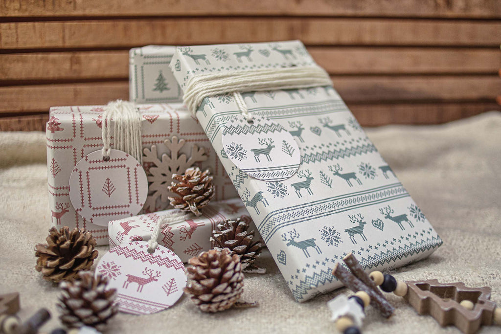 Christmas Jumper Style Recycled Wrapping Paper on natural backgrounds