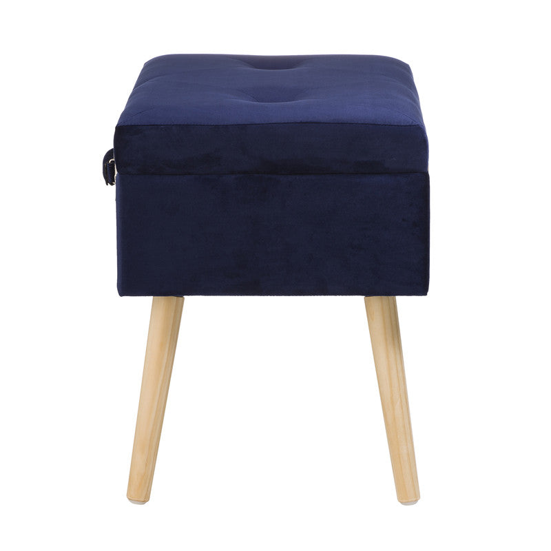 19.70"L Navy Blue Velvet Upholstered Storage Stool with Natural Solid Rubberwood Legs