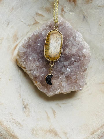 Long Natural Jasper with Moon Charm Crystal Necklace