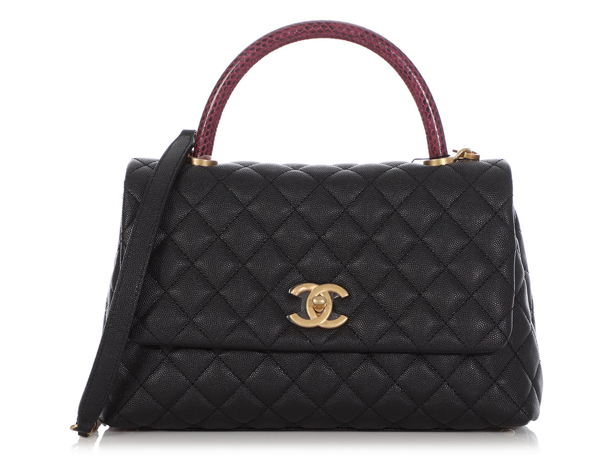 Chanel Small Black Quilted Caviar And Red Lizard Coco Handle