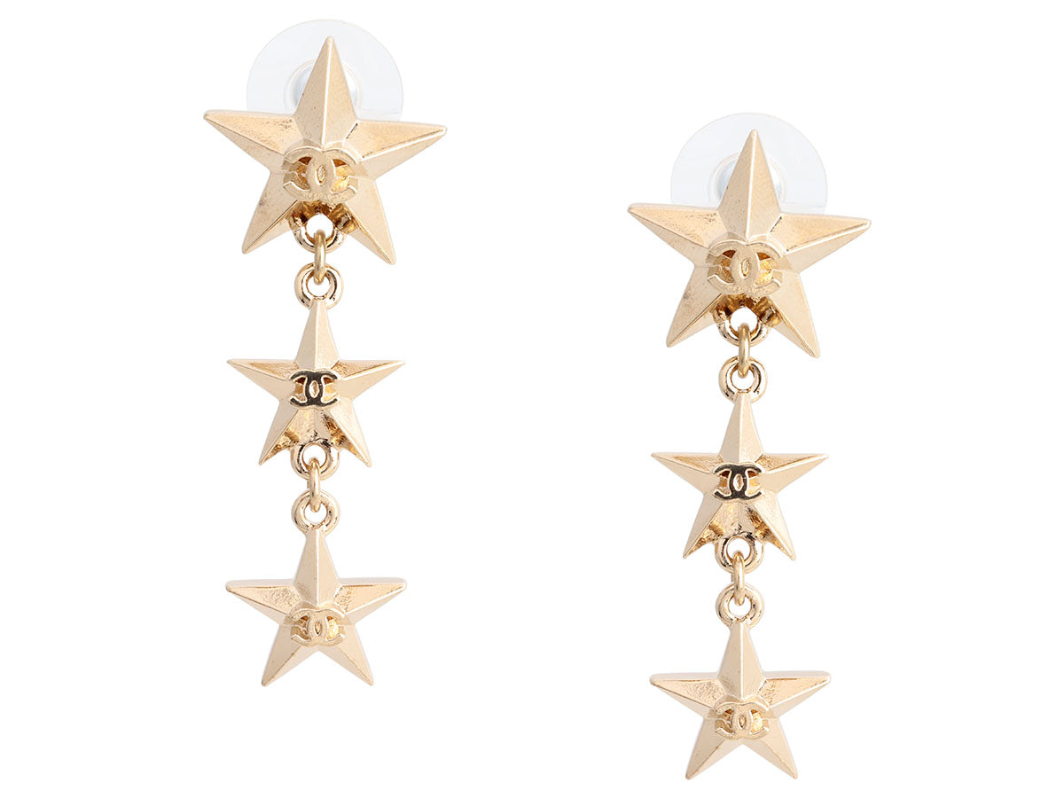 Chanel Triple Star Logo Pierced Drop Earrings