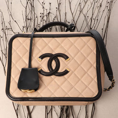 Chanel Large Beige and Black Part-Quilted Caviar Filigree Vanity Case