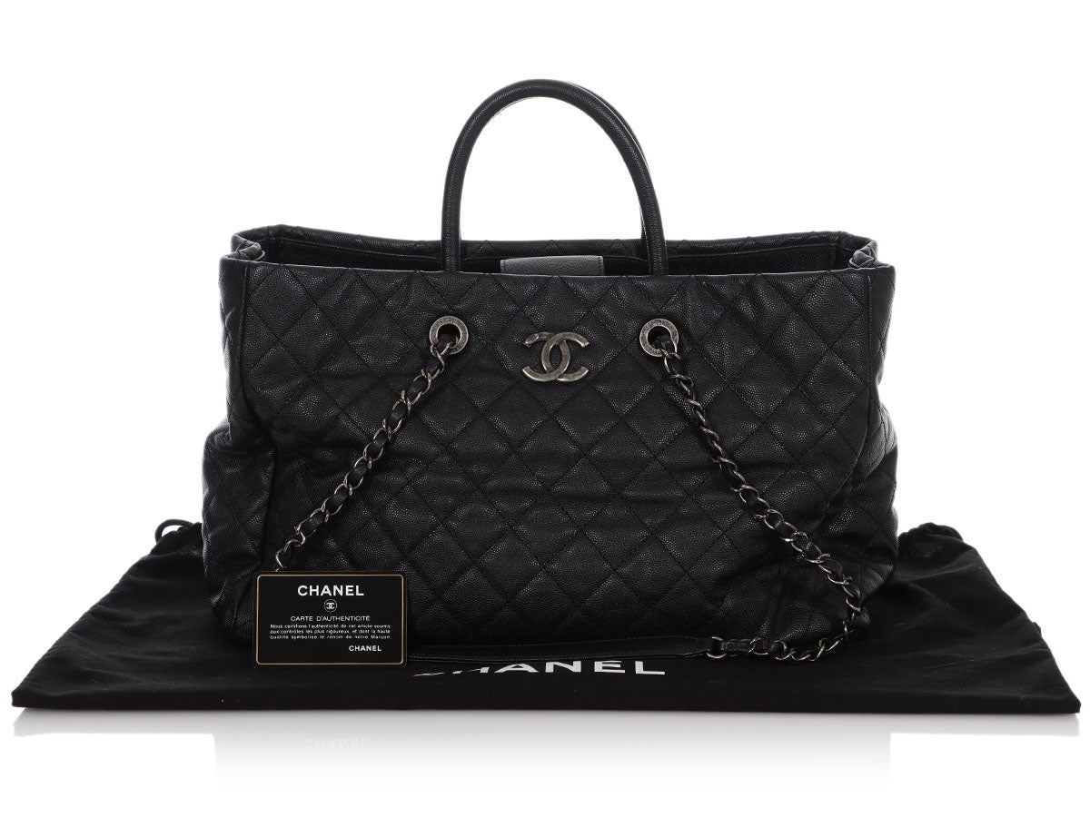Chanel Large Black Quilted Soft Caviar Coco Handle Shopping Tote