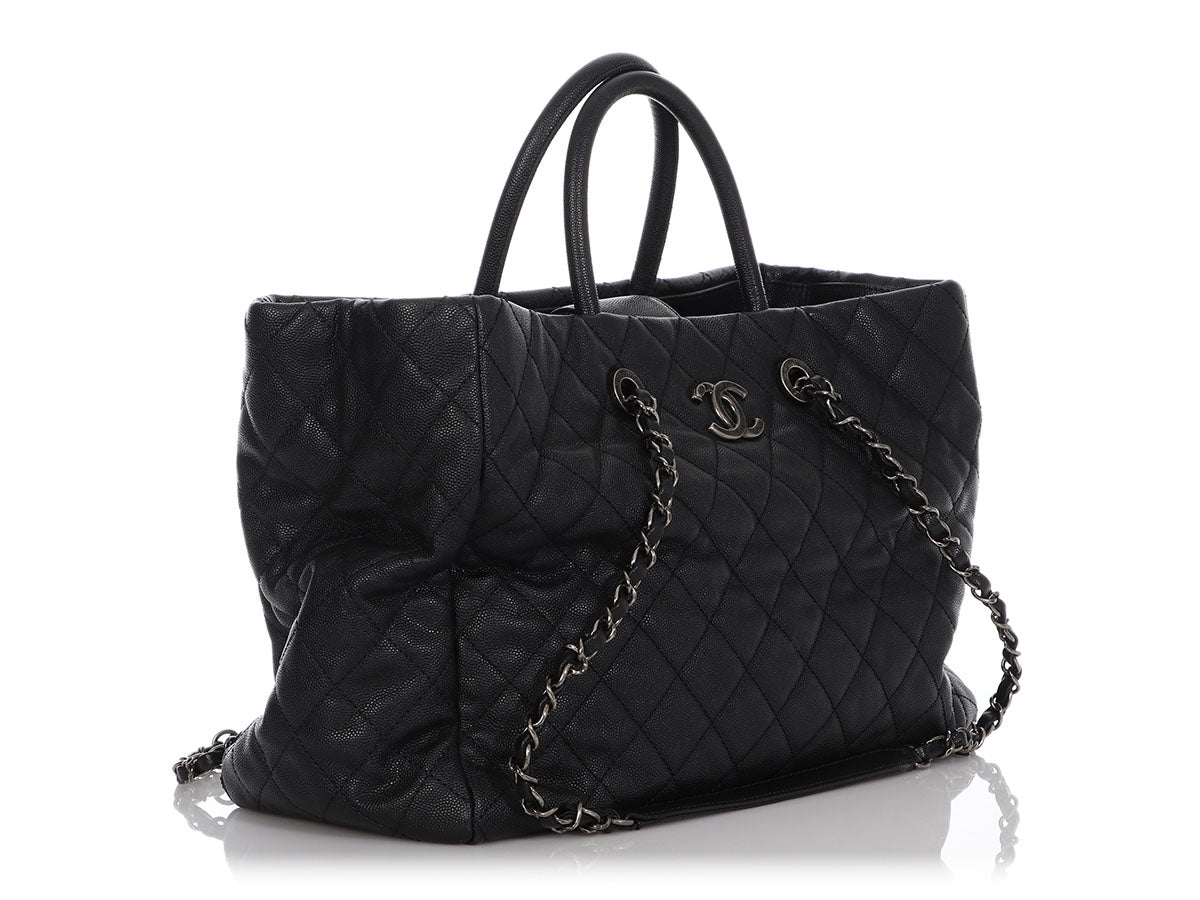 Chanel Large Black Quilted Soft Caviar Coco Handle Shopping Tote