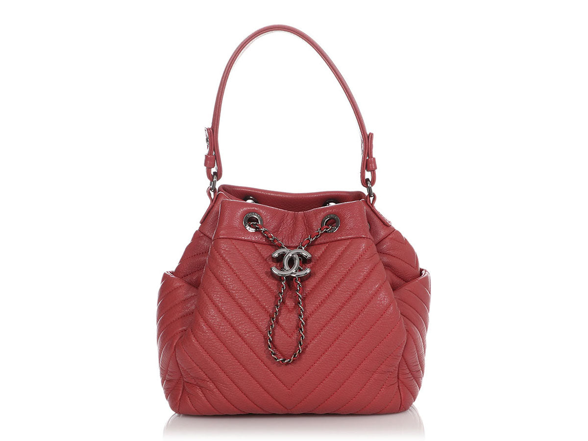 Chanel Small Red CC Chain Chevron-Quilted Drawstring Bucket Bag