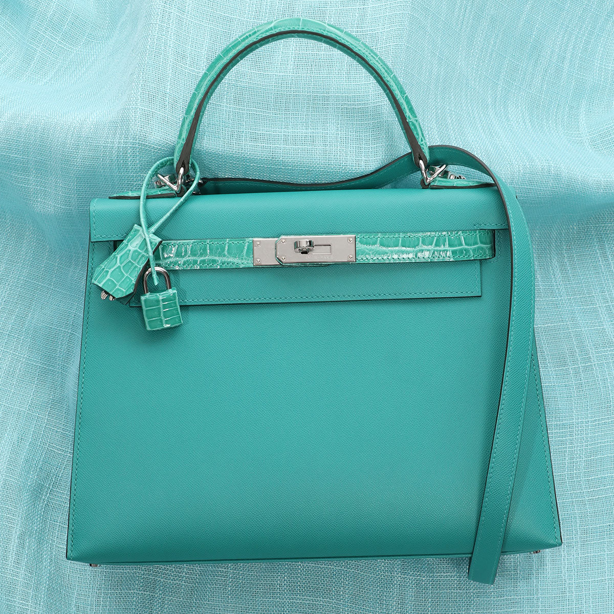 Hermes Kelly Sellier 28 Vert Verone Madame and Shiny Niloticus Crocodile  Touch Palladium Hardware