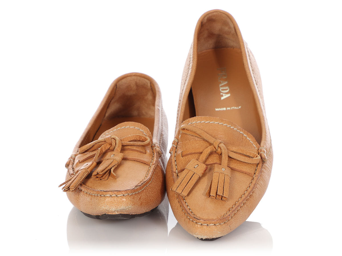 Prada Camel Tassel Loafer Driving Moccasins