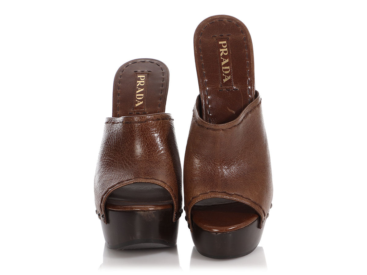 Prada Leather and Wood Platform Peep Toe Clogs