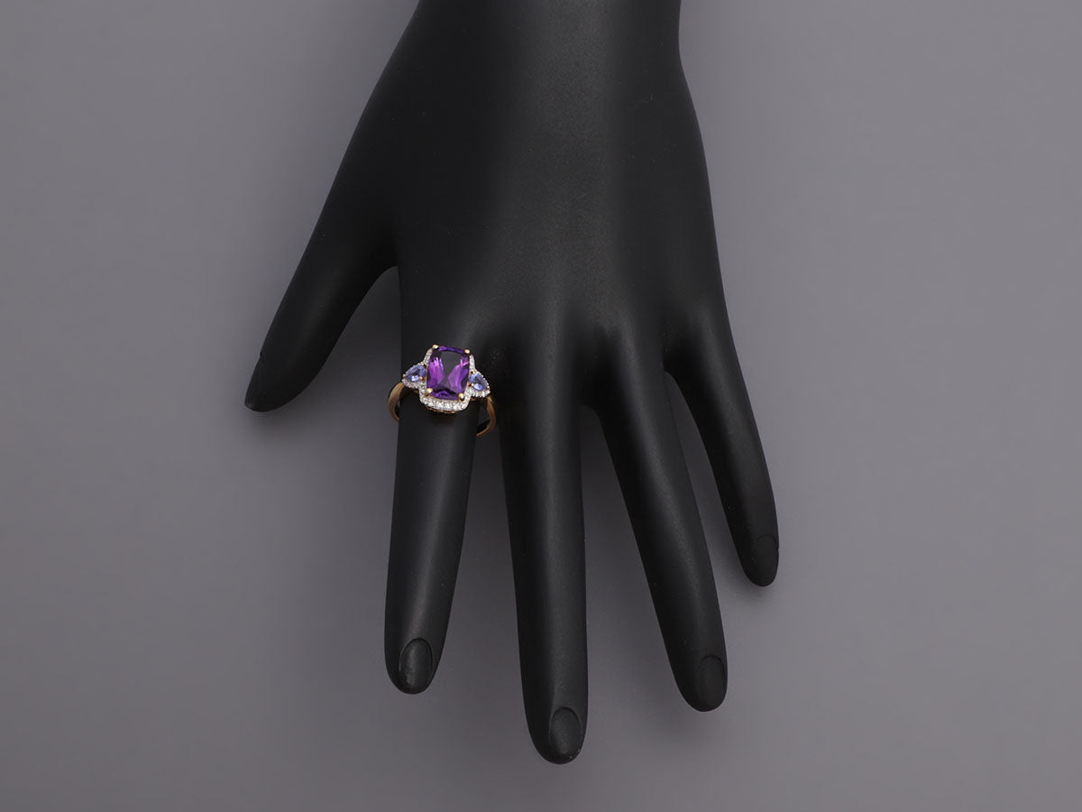 14K Yellow Gold Uruguayan Amethyst, Tanzanite, and Diamond Ring