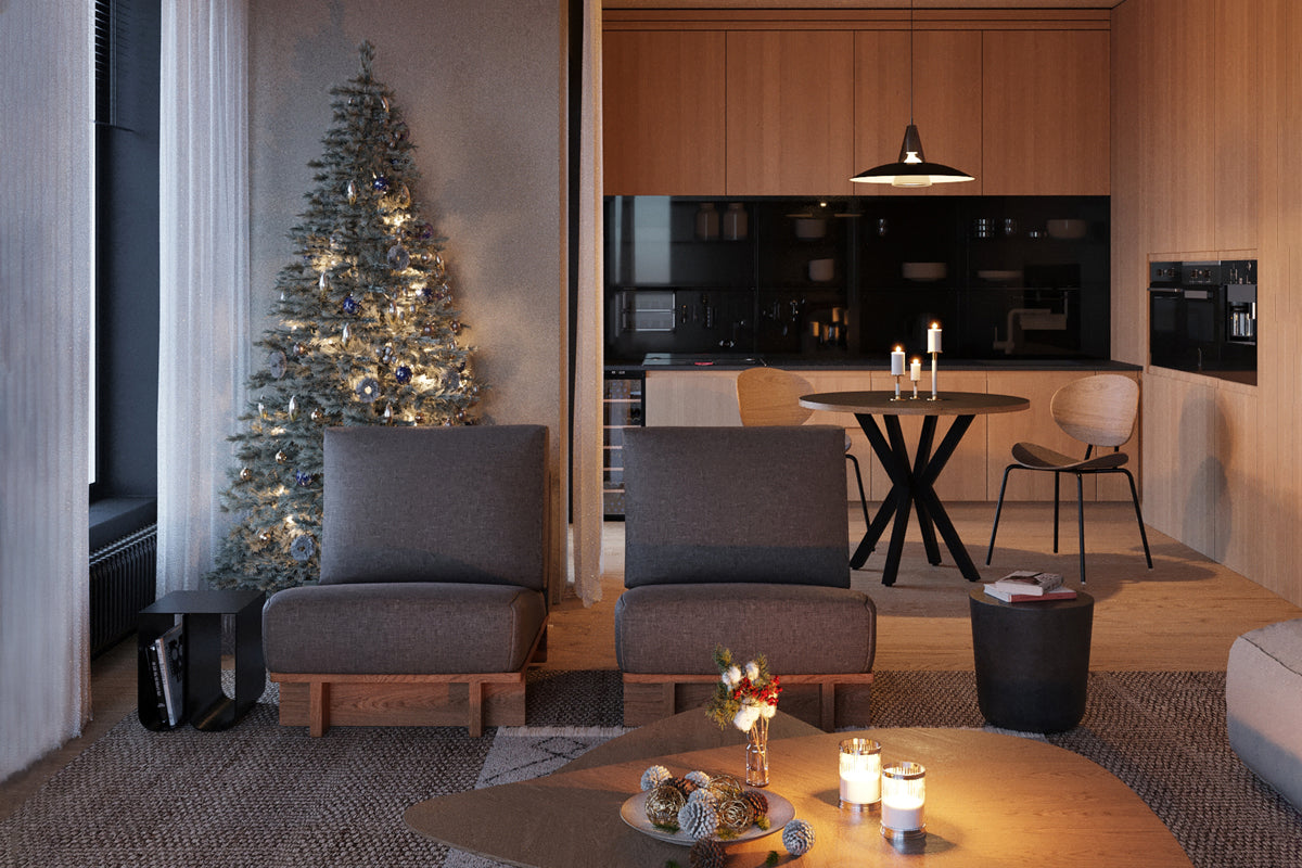 KANADEMONOのソファに座って過ごすエレガントなクリスマス風景