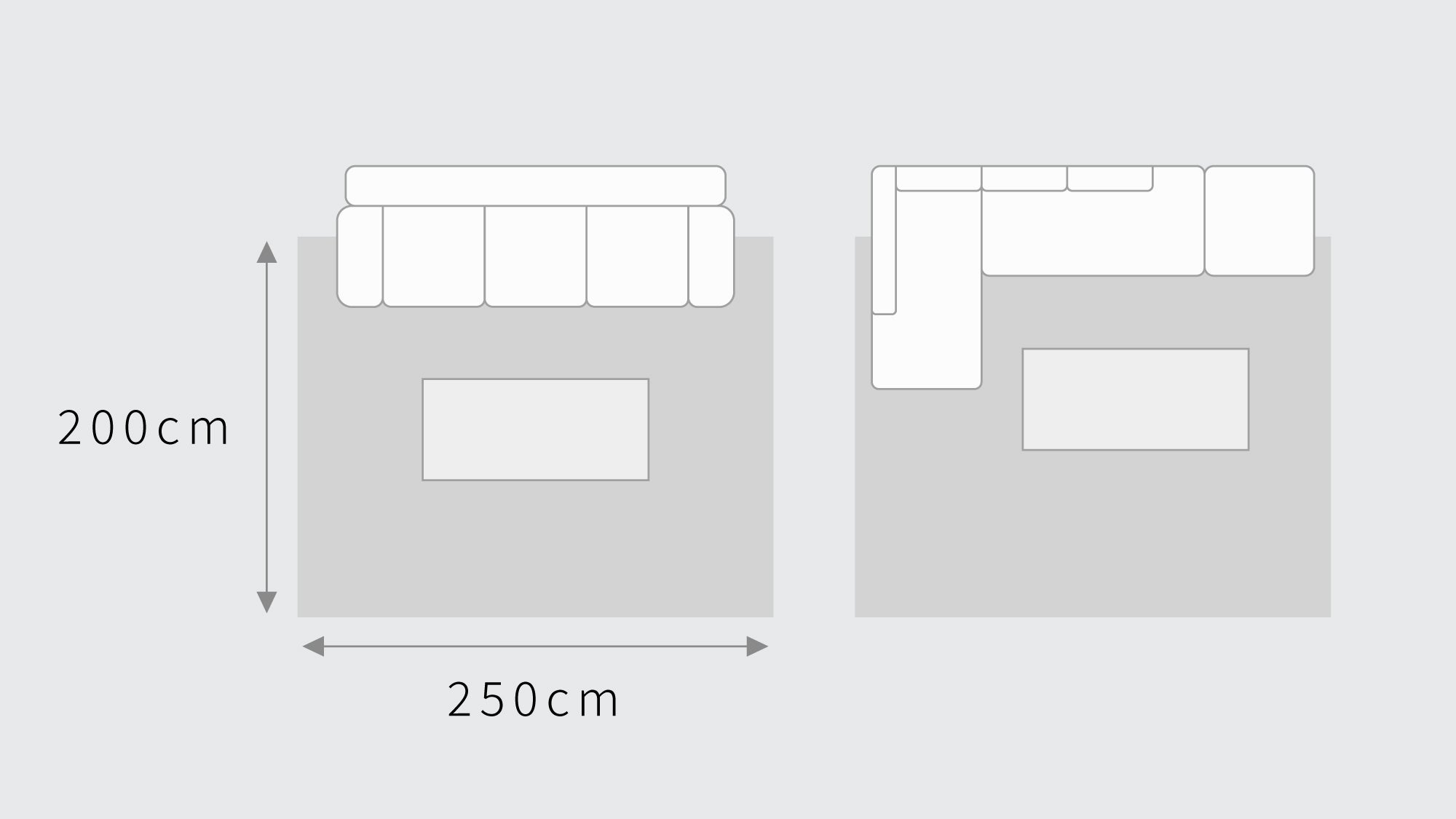 200×250cm のラグとソファのイラスト