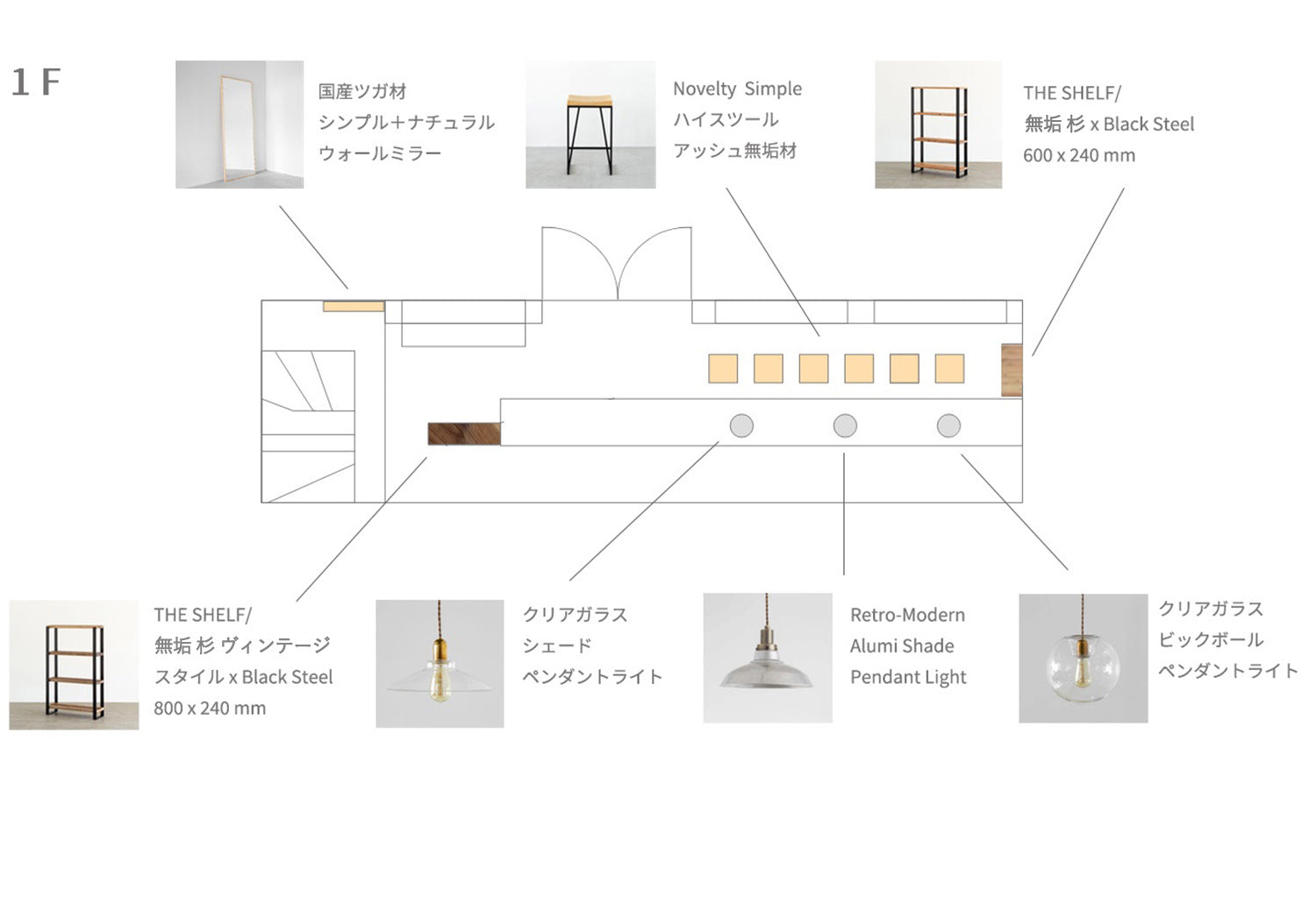 KANADEMONO コーディネート家具の稲村ケ崎カフェsunshineshackでの採用事例レイアウト図