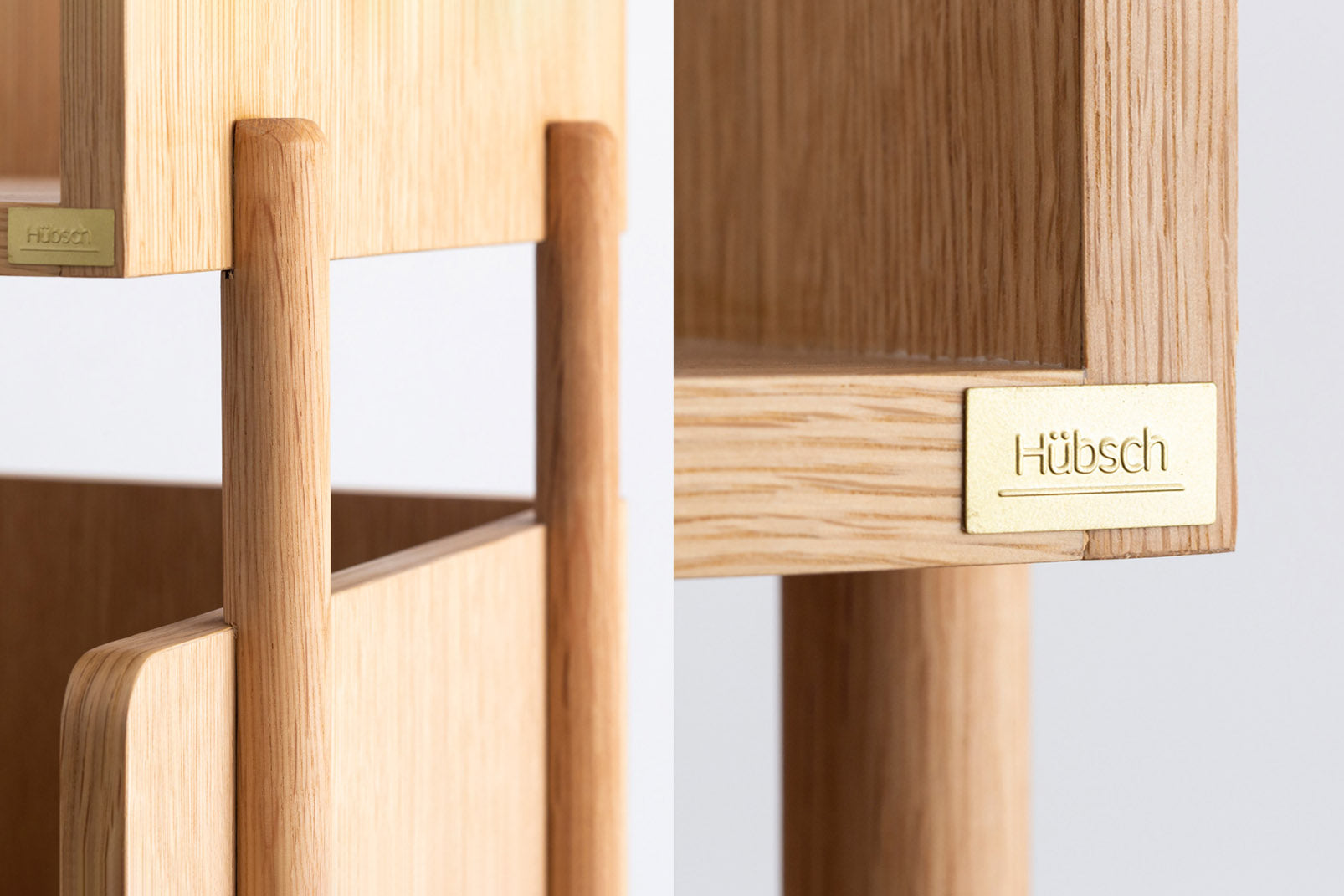 オーク材を使用した全面木製のナチュラルモダンなベッドサイドボード（フレーム部・棚部クローズアップ）