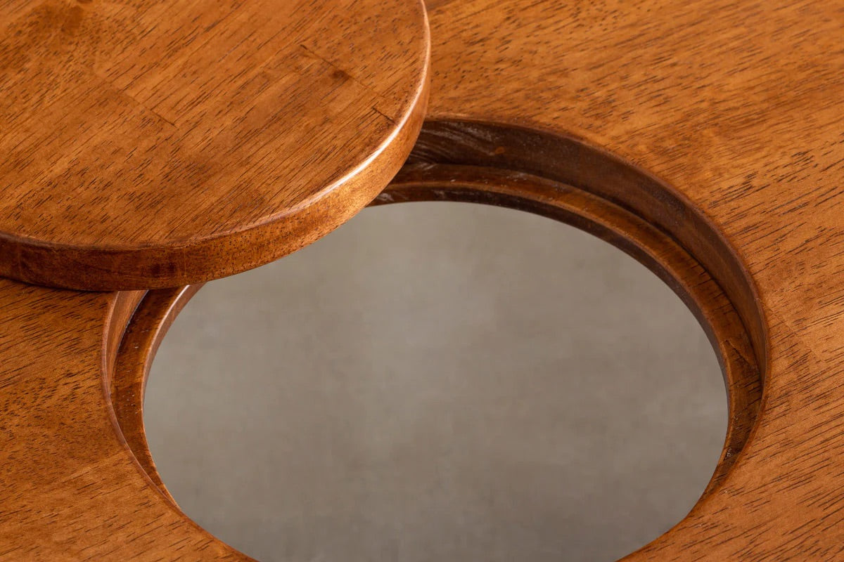 Kanademonoのラバーウッドブラウン天板とホワイトのアイアン脚で製作した、猫穴付きのローテーブル（穴）