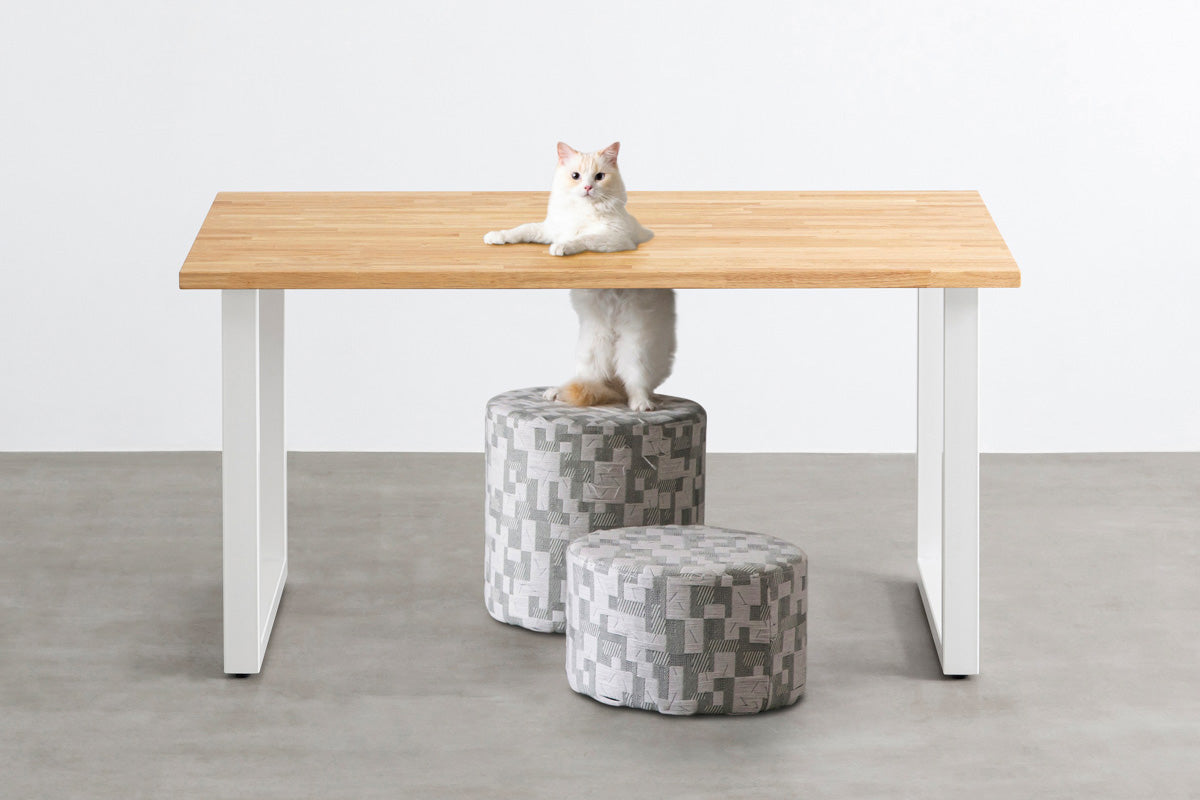 Kanademonoのラバーウッドナチュラル天板とホワイトのスクエア鉄脚で製作した、猫穴付きのテーブル