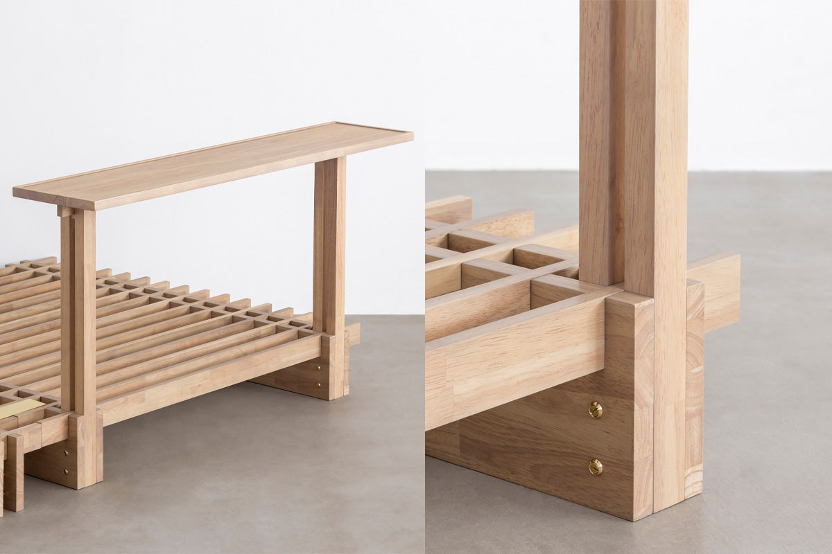 KOTAのSUNOKO BEDをカスタマイズするAdd-onシリーズの木製ロングテーブル（使用例）