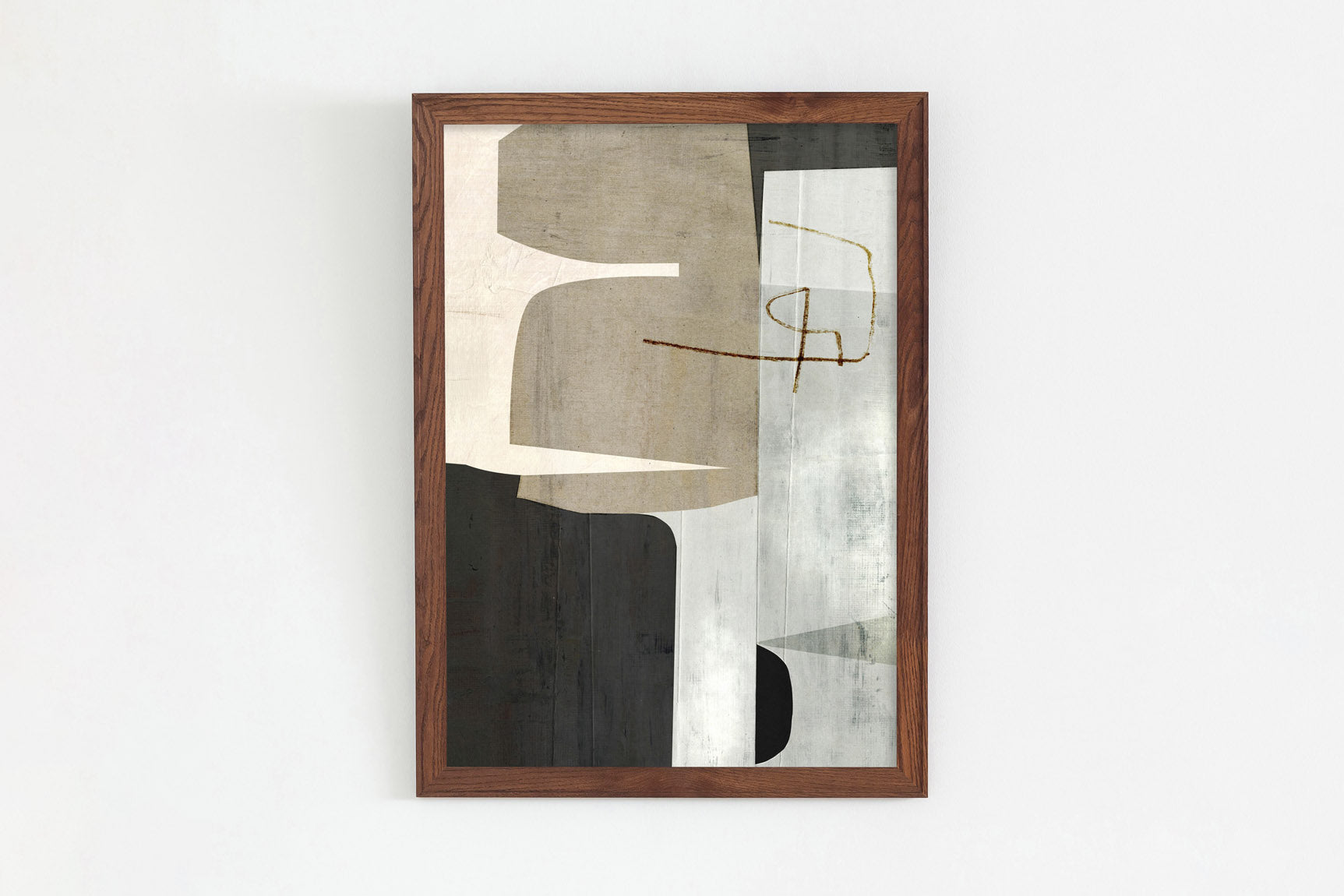 KANADEMONOのブラックやグレーの落ち着いたカラーでまとめたスタイリッシュモダンな抽象画アートA1＋ブラウン木製フレーム