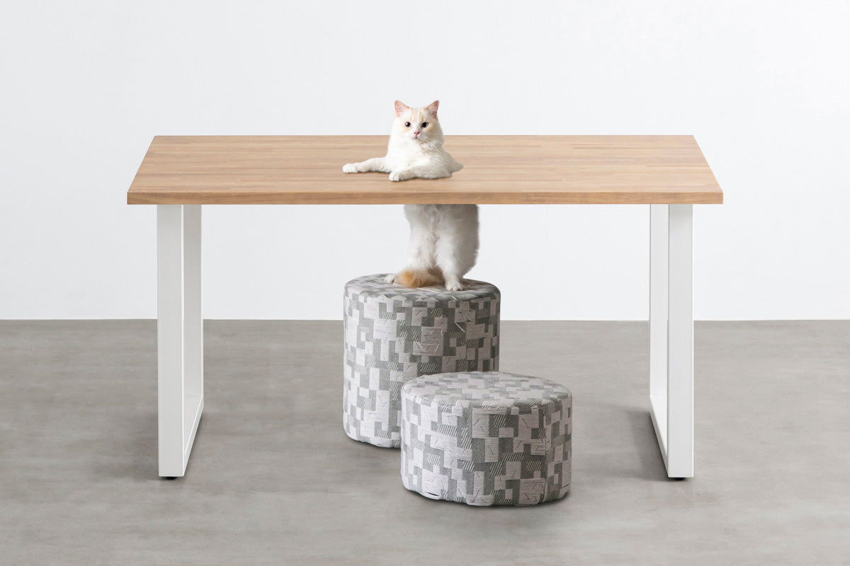 Kanademonoのラバーウッドアッシュグレー天板とホワイトのスクエア鉄脚で製作した、猫穴付きのテーブル
