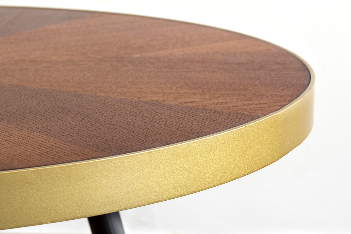 アッシュ化粧繊維板とアイアン脚の組み合わせが印象的なアンティーク調の丸形コーヒーテーブル（横からのアングル・クローズアップ）