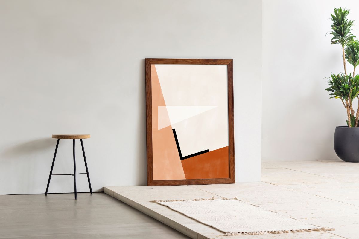 Kanademonoの白×赤×オレンジで描いたモダンブロックアートA1＋ブラウンウッドフレーム（エントランス使用例）