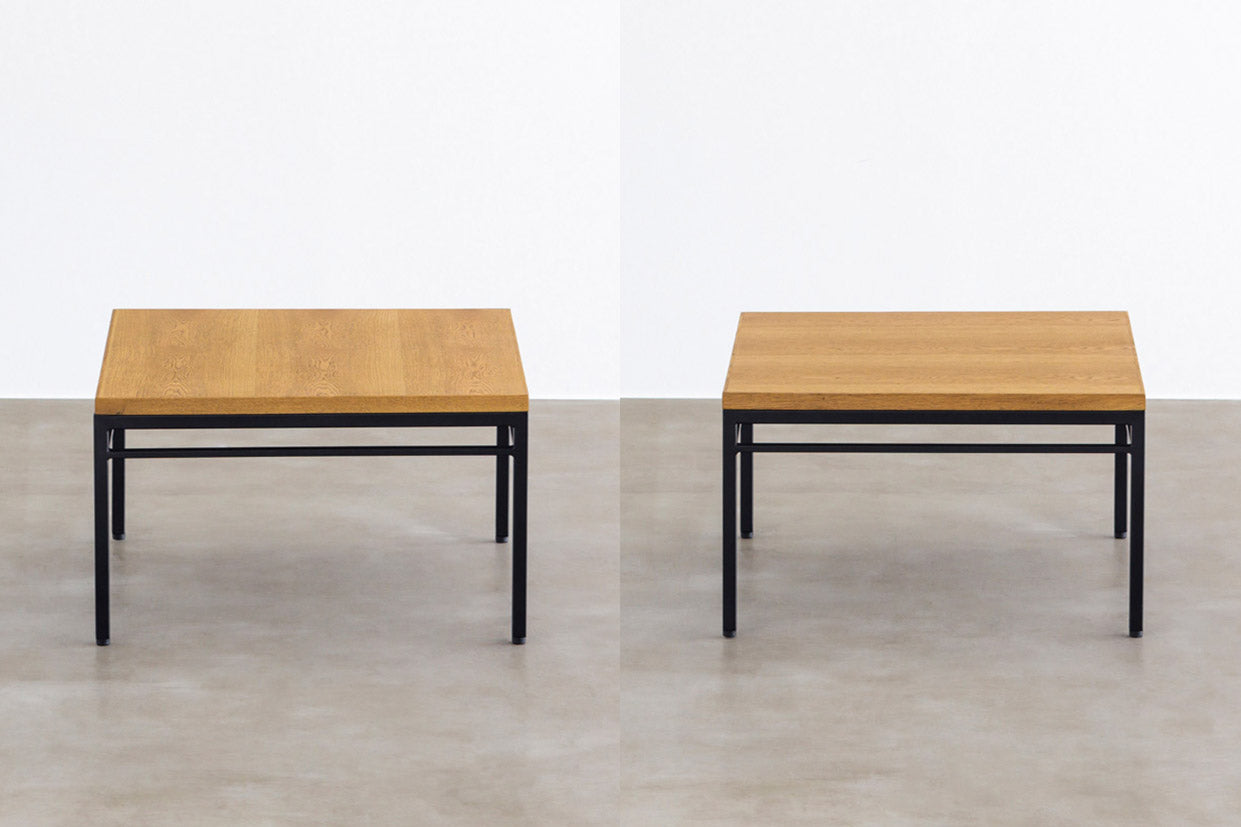 オーク天然木＋ブラックアイアンのシンプルなデザインが洗練された印象のセンターテーブル・Sサイズ（正面・側面）