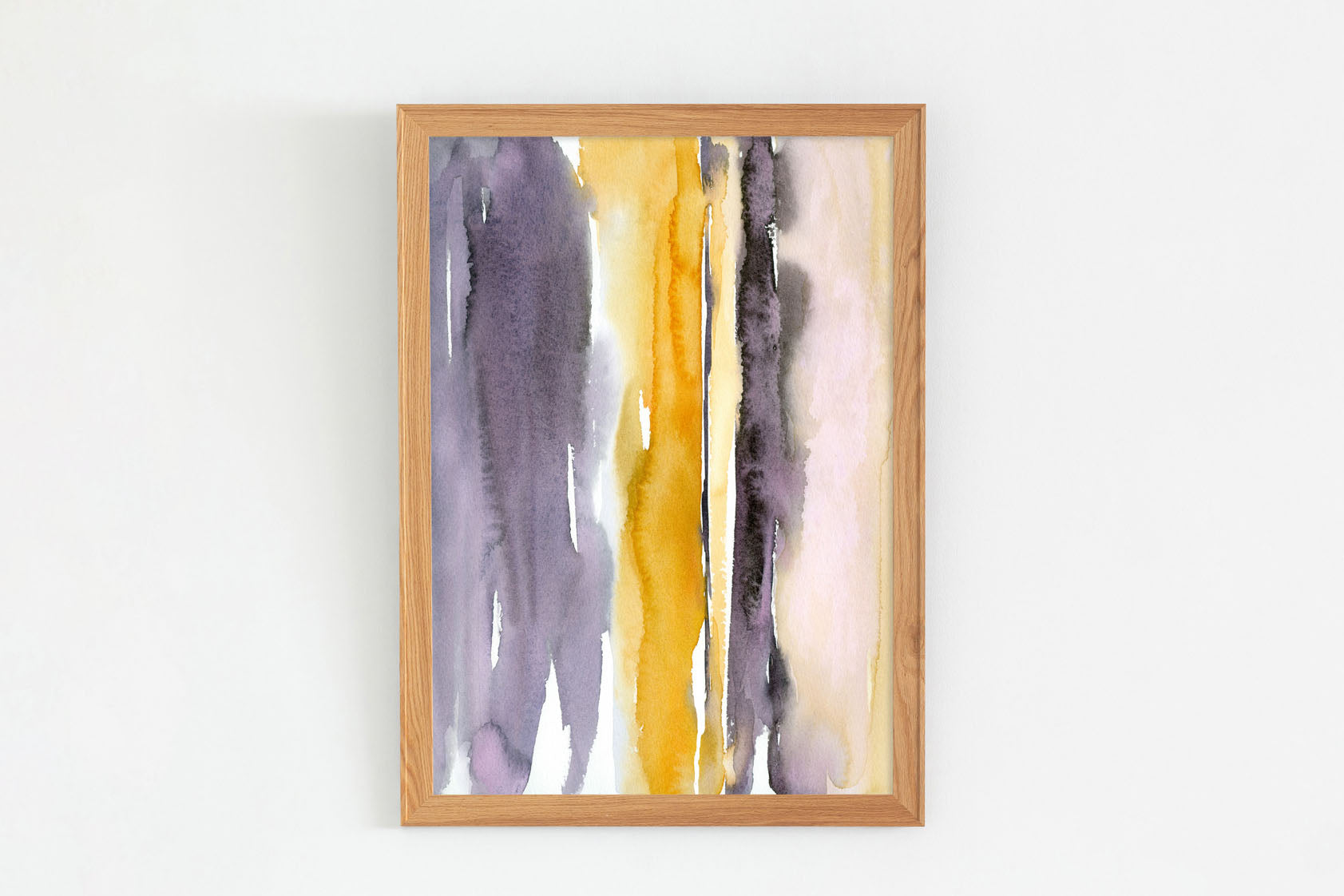 Kanademonoのグレー×暖色カラーをストライプ状に描いた水彩抽象画A1＋ナチュラルウッドフレーム