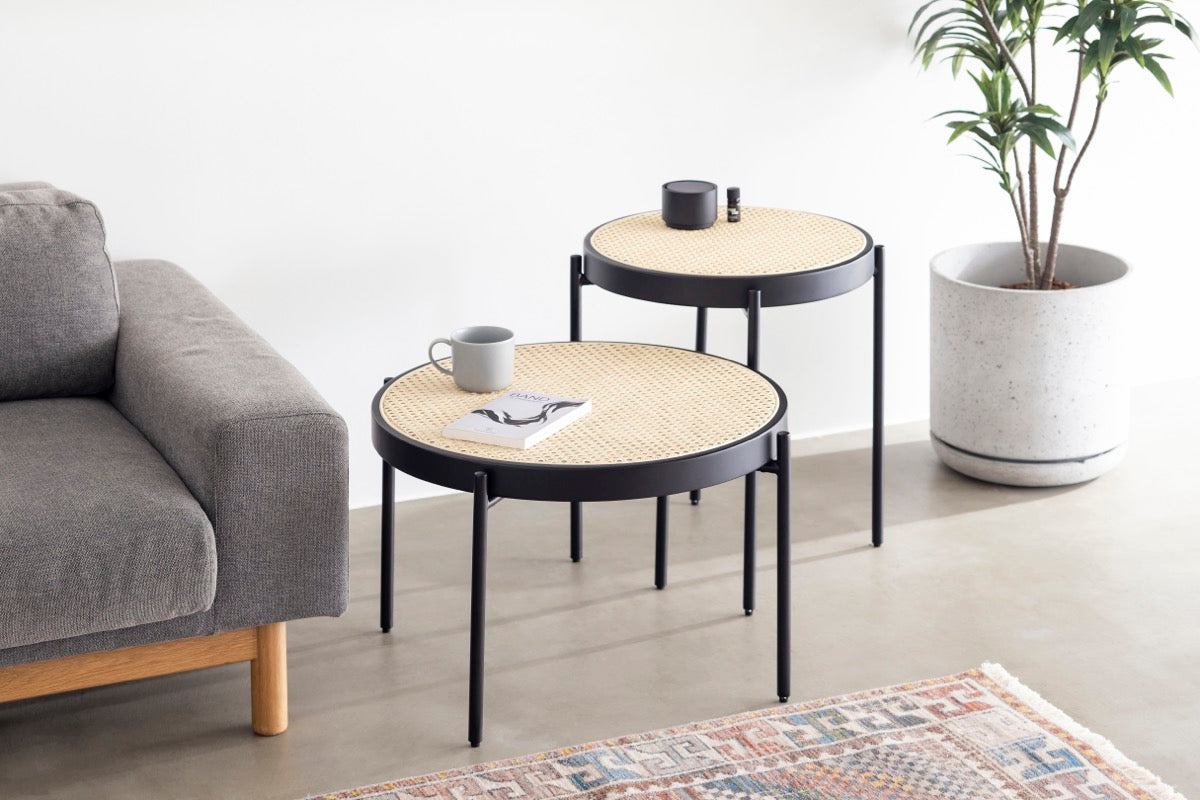 Rattan × Modern Black Steel Round Low Table – KANADEMONO