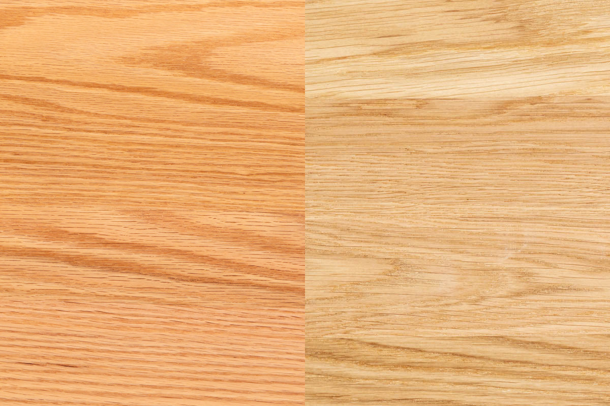 KANADEMONOのレッドオーク天板(左)とホワイトオーク天板(右)の色味の違い