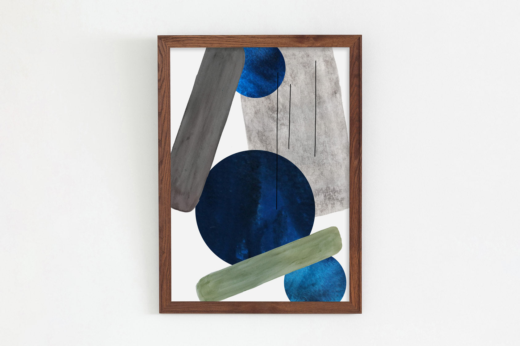 KANADEMONOのドットを用いたデザインをブルーをアクセントに落ち着いたトーンで仕上げたモダンな抽象画アートA1＋ブラウン木製フレーム