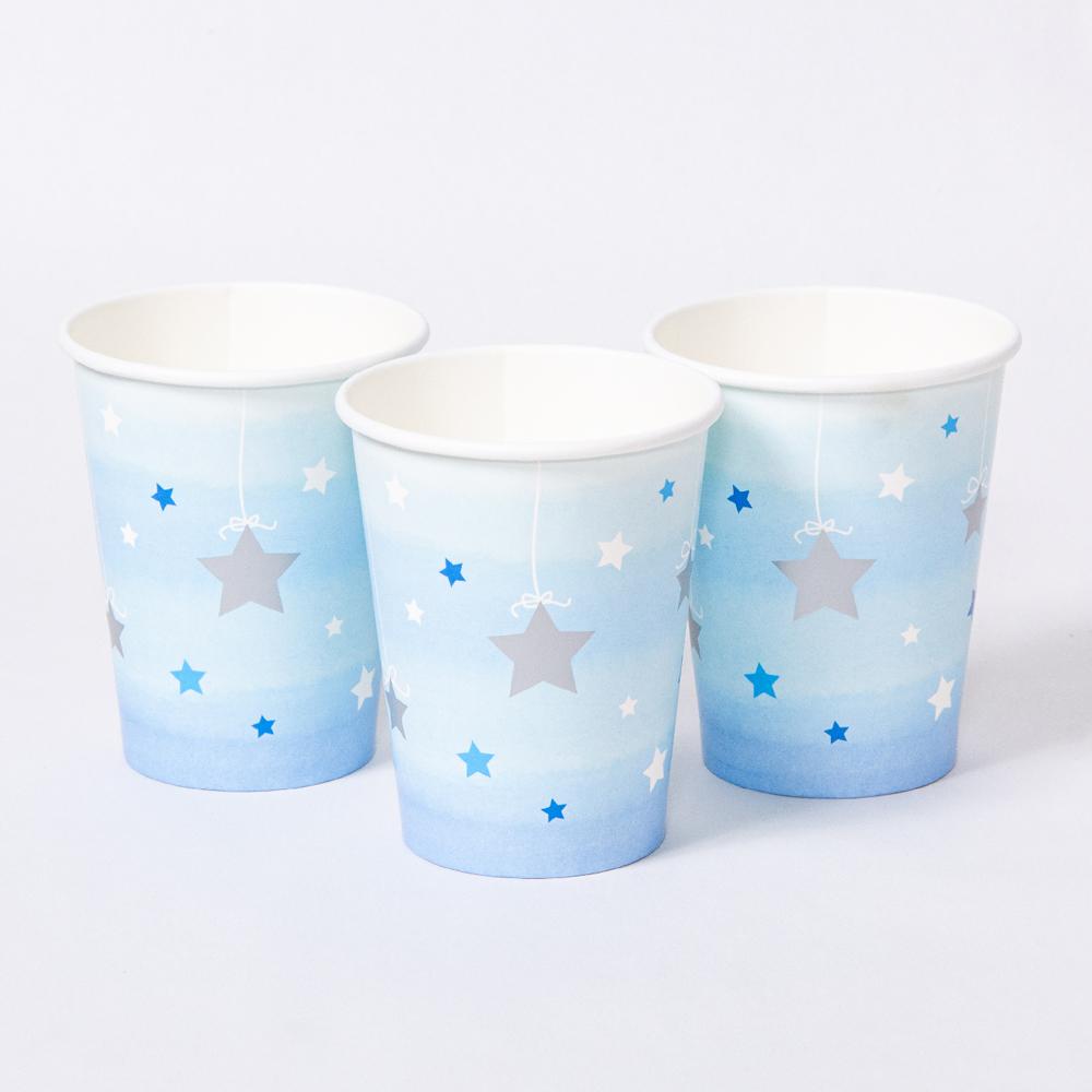 Click to view product details and reviews for One Little Star Blue Paper Party Cups X8.