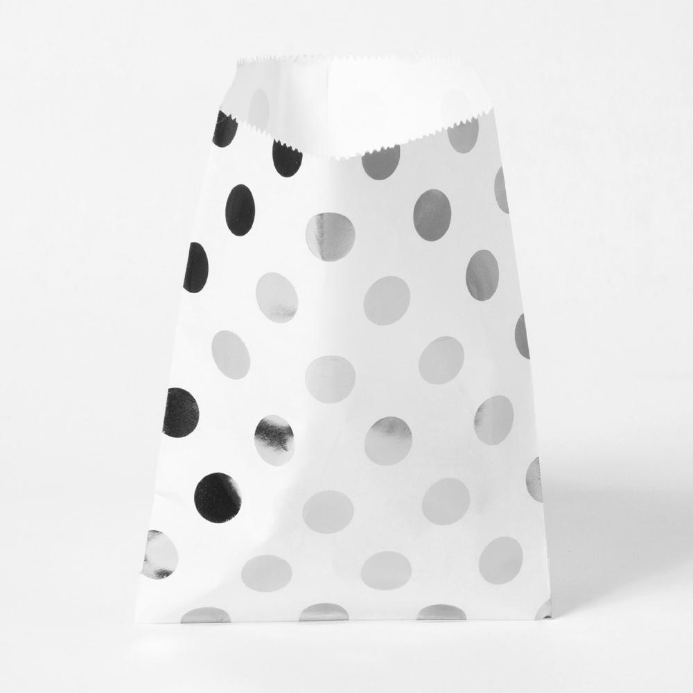 Click to view product details and reviews for Metallic Silver Polka Paper Party Bags X8.