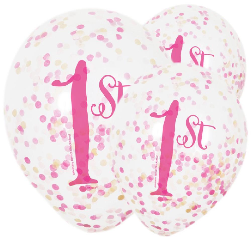 1st Birthday Pink Confetti Latex Balloons X6