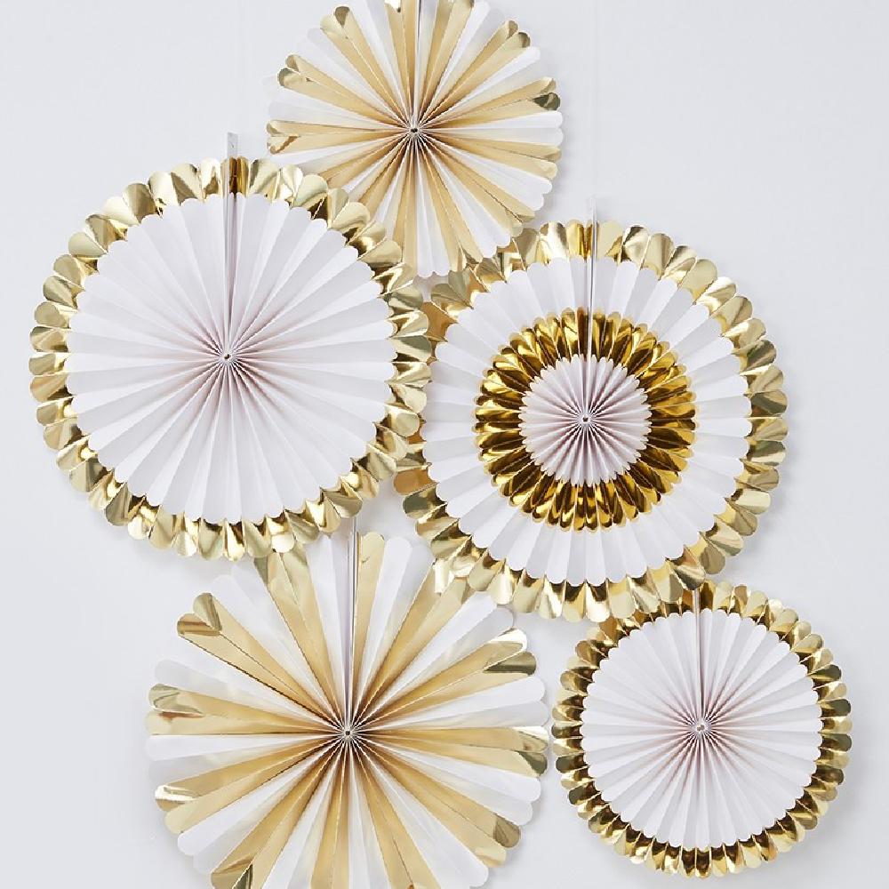 Click to view product details and reviews for White And Gold Party Fan Decorations X5.