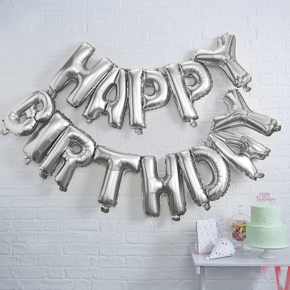 Happy Birthday Air Fill Foil Phrase Balloon Bunting Silver