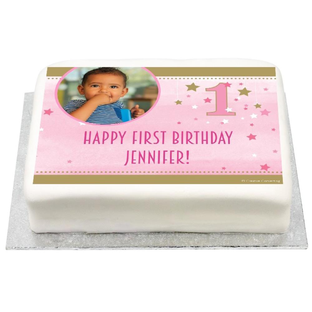 Click to view product details and reviews for Personalised Photo Cake Pink One Little Star.