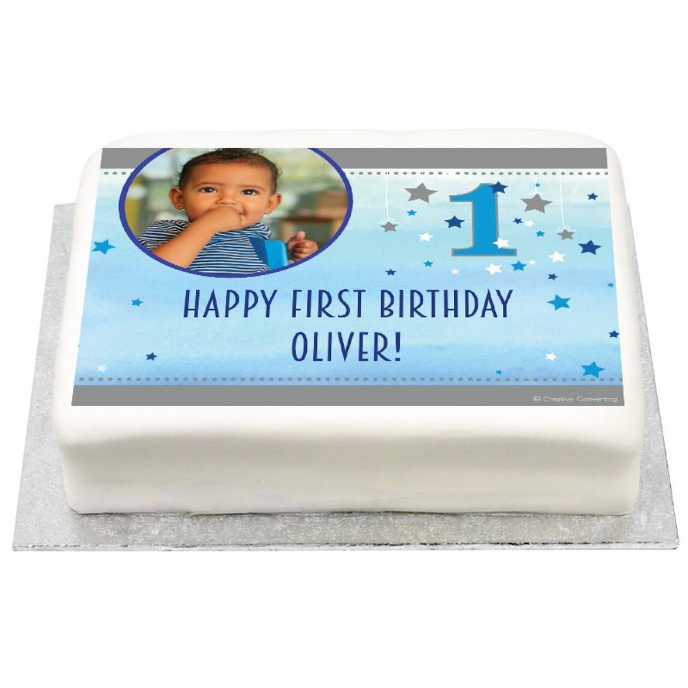 Click to view product details and reviews for Personalised Photo Cake Blue One Little Star.