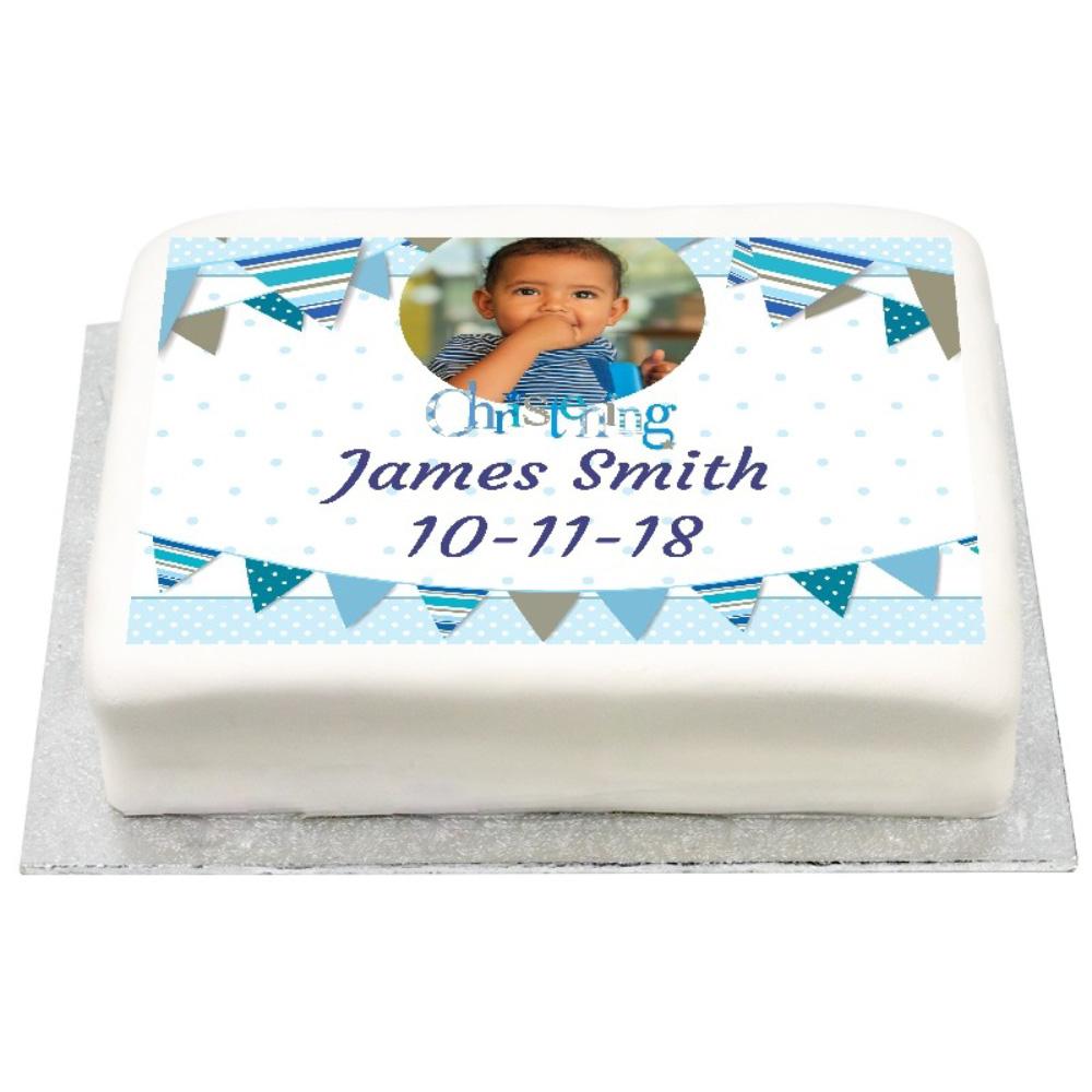 Click to view product details and reviews for Personalised Photo Cake Blue Bunting Christening.