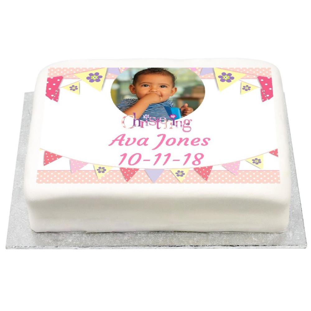 Click to view product details and reviews for Personalised Photo Cake Pink Bunting Christening.