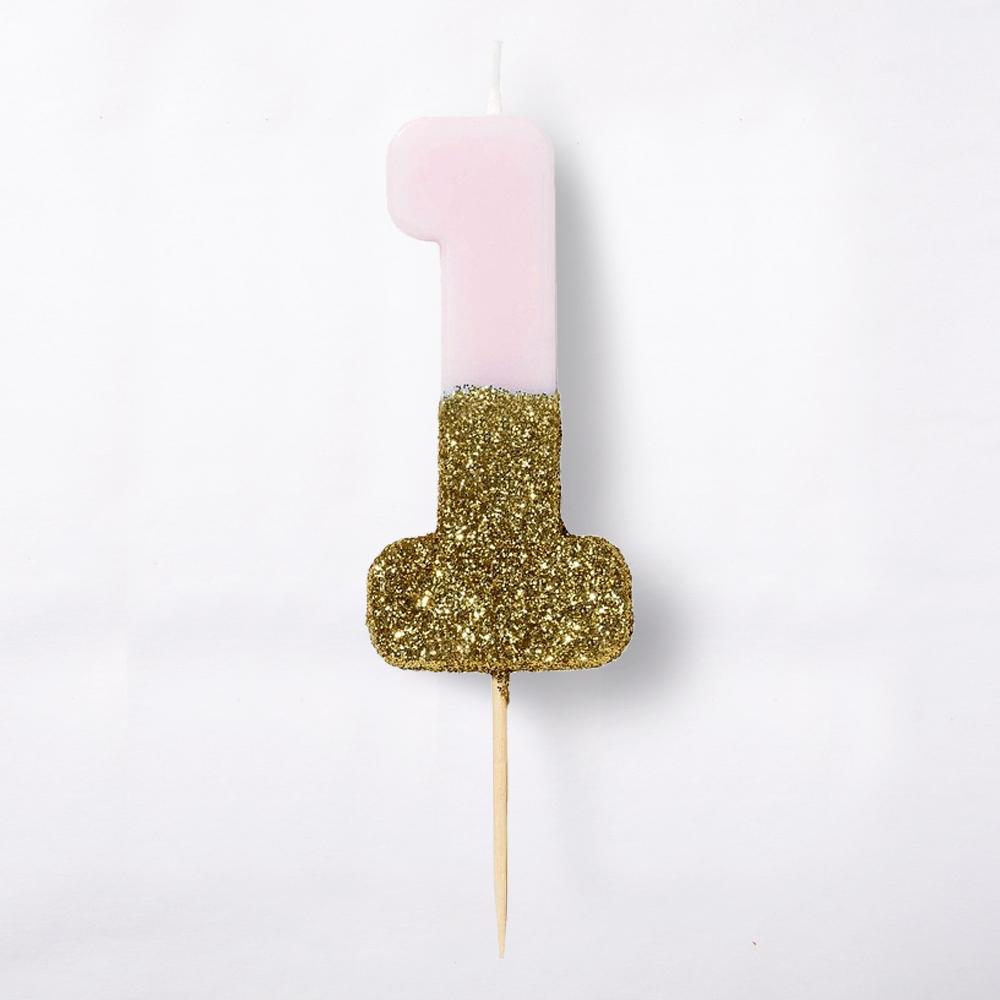 Gold Glitter Dipped Candle Pink Age One